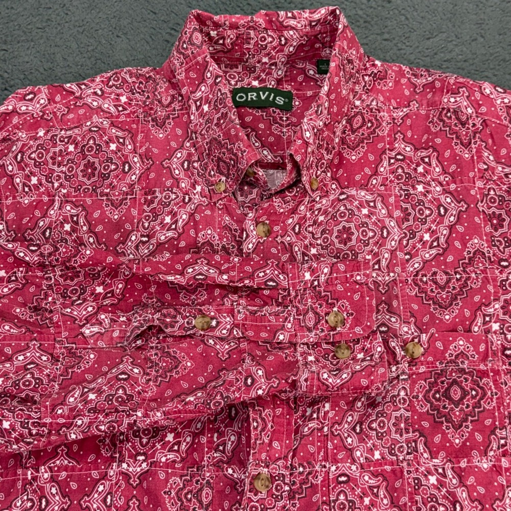 Orvis Button Down Shirt Mens L Red Bandana Paisley Long Sleeve Cotton